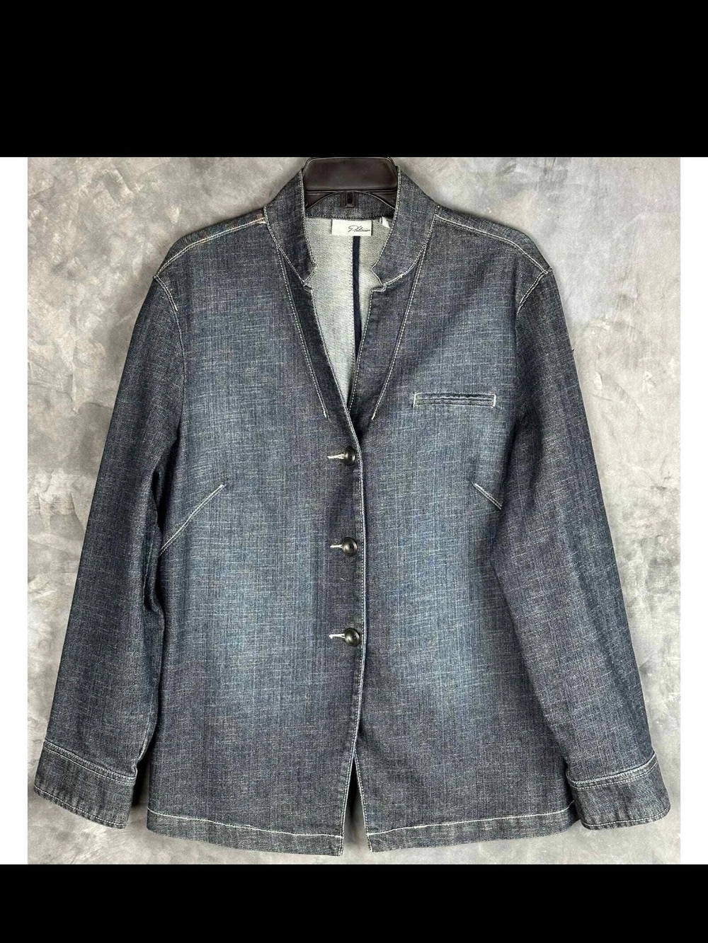 Chicoās Platinum Blue Denim V-Neck Banded Collar Jacket Size 1 Medium
